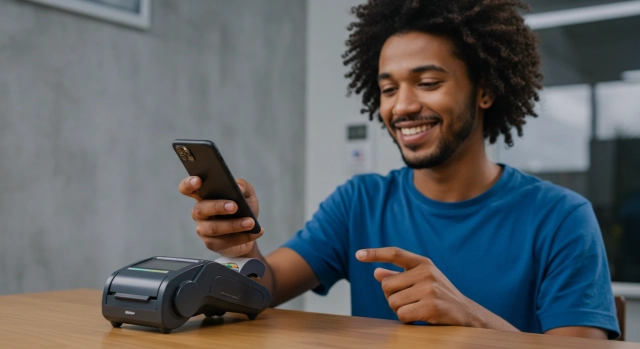 Homem usando celular para gerenciar vendas sem custos iniciais