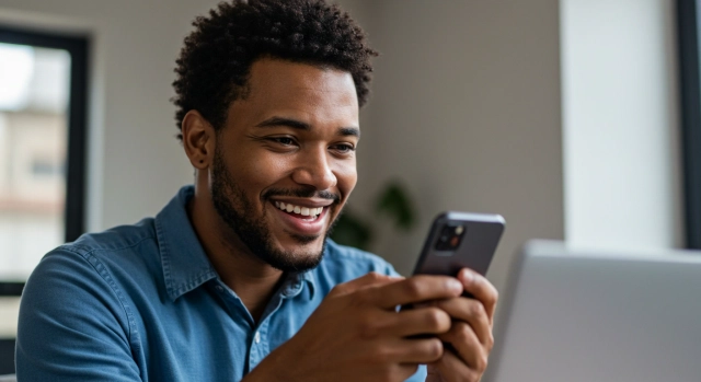 Empresário sorrindo confiante com vendas seguras e sem inadimplência