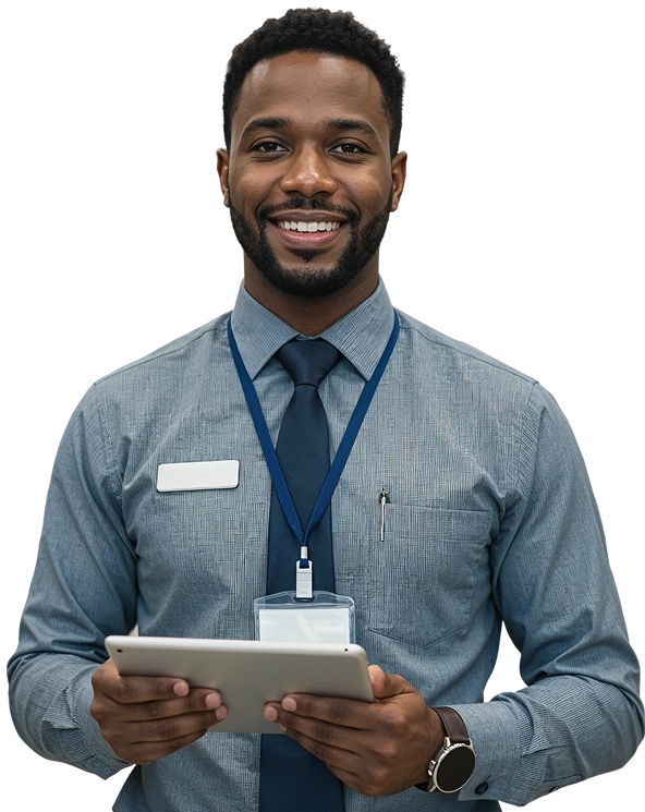 Homem sorrindo com tablet na mão