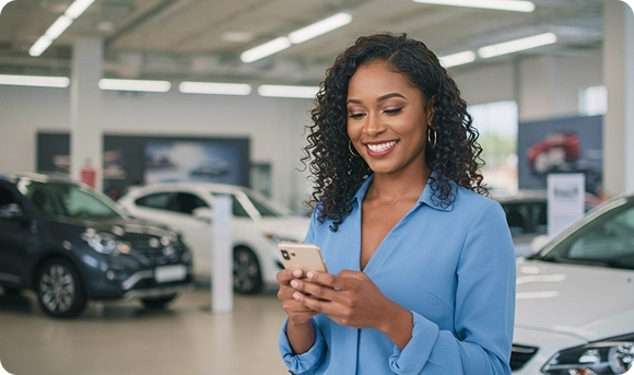 Mulher olhando para o celular acessando o Cartão Simples de qualquer lugar
