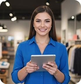 Mulher usando tablet para acompanhar vendas